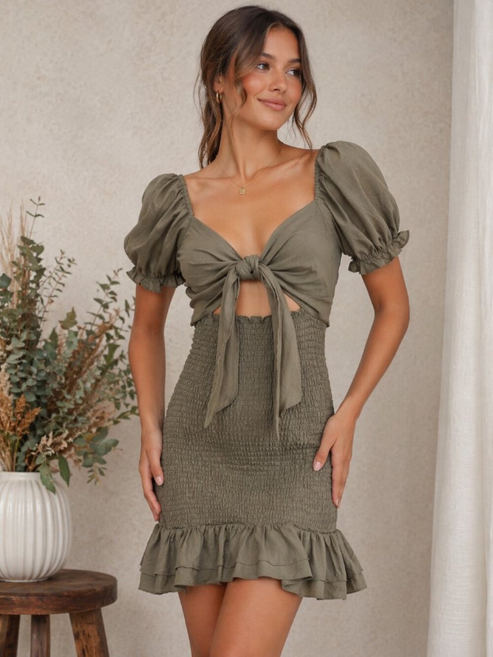 Mable Olive Green Smocked‎ Mini Dress Front Tie Cutout Cottagecore Puff Sleeve